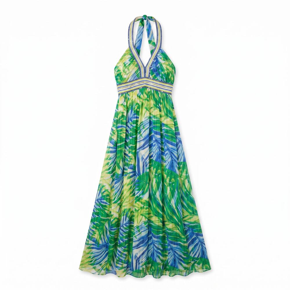 NWT BCBG Max Azria 100% Silk Tropical Print Halter Maxi | Sequin Empire Waist